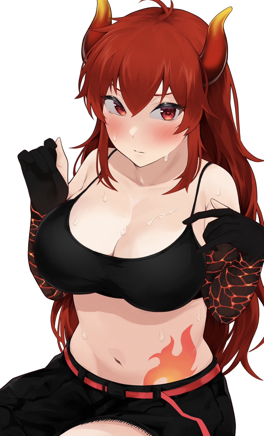 ahoge bare_shoulders black_bra black_gloves black_skirt blush bra breasts cleavage closed_mouth cowboy_shot crop_top dola_(nijisanji) dragon_girl dragon_horns elbow_gloves eyelashes female flame_tattoo gloves gradient_horns hair_between_eyes hands_up heart heart-shaped_pupils highres horns large_breasts long_hair looking_at_viewer midriff multicolored_horns navel nijisanji partially_fingerless_gloves red_eyes red_hair red_horns sidelocks simple_background skirt solo sports_bra sweat symbol-shaped_pupils underwear virtual_youtuber white_background yamanoko_19517