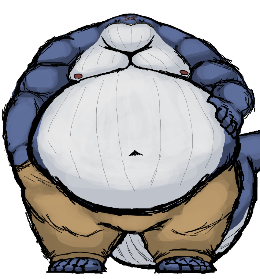 anthro belly big_belly blue_body cetacean clothed clothing comerboy75 eoghan_ocinneide_(comerboy75) hand_on_belly hi_res male mammal marine moobs musclegut muscular muscular_anthro muscular_male navel nipples obese obese_anthro obese_male overweight overweight_anthro overweight_male simple_background solo topless whale