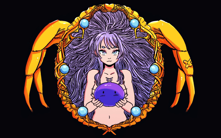 :3 amiya_aranha ancient_ys_vanished black_background blue_eyes bucko_(amiya_aranha) collarbone extra_eyes female heart holding indie_virtual_youtuber jd_benefield long_hair looking_at_viewer navel nude parody purple_hair smile solo straight-on upper_body very_long_hair ys