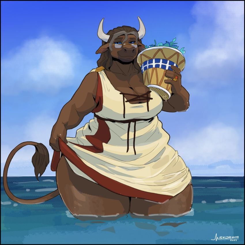 2024 2_horns 5_fingers absurd_res anthro artist_name basket big_breasts blue_eyes blue_sky border bovid bovine breasts brown_body brown_breasts brown_fur brown_hair brown_tail brown_tail_tuft cleavage clothed clothed_anthro clothed_female clothing clothing_lift cloud collarbone colored container dated day digit_ring digital_drawing_(artwork) digital_media_(artwork) dress dress_lift european_mythology eyewear female finger_ring fingers fur furniture glasses gold_ring greasymojo greek_mythology hair hi_res holding_basket holding_container holding_object horn iolanta_avarta jewelry looking_at_viewer mammal mature_anthro mature_female minotaur mother_(lore) multicolored_clothing multicolored_dress mythology outside parent_(lore) partially_submerged ring ring_(jewelry) sea sky smile smiling_at_viewer solo standing standing_in_water tail tail_tuft thick_thighs tuft water wedding_ring white_clothing white_dress white_horn