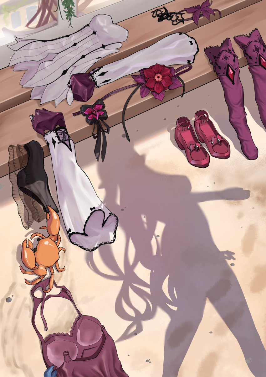 absurdres commentary crab dress dressed_shadow_(meme) english_commentary female flower high_heels highres hololive hololive_english implied_nudity irys_(hololive) irys_(irys_2.0)_(hololive) long_hair meme panties red_footwear sand shadow shift_(shiftillust) solo thighhighs underwear unworn_clothes virtual_youtuber walking