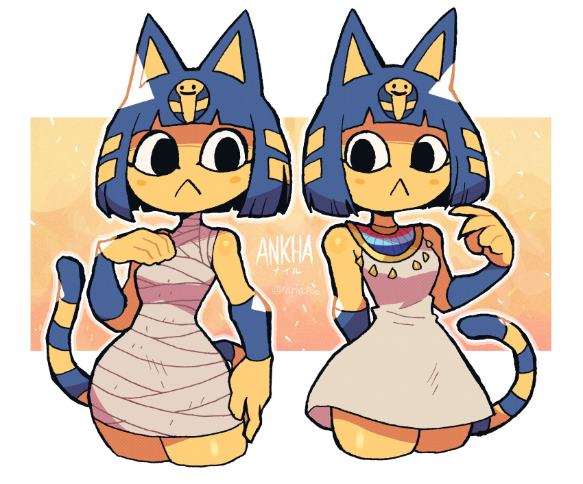 2024 :< animal_crossing ankha_(animal_crossing) anthro bangs blue_ears blue_hair bob_cut breasts clothed clothed_anthro clothed_female clothing digital_drawing_(artwork) digital_media_(artwork) domestic_cat dress egyptian egyptian_clothing felid feline felis female fingers front_view hair hand_behind_back hi_res looking_at_viewer mammal markings mouth_closed multiple_poses nintendo portrait pose rariatoo short_hair small_waist solo striped_markings striped_tail stripes tail tail_markings text three-quarter_portrait uraeus usekh white_clothing white_dress white_text wraps yellow_body yellow_face yellow_inner_ear