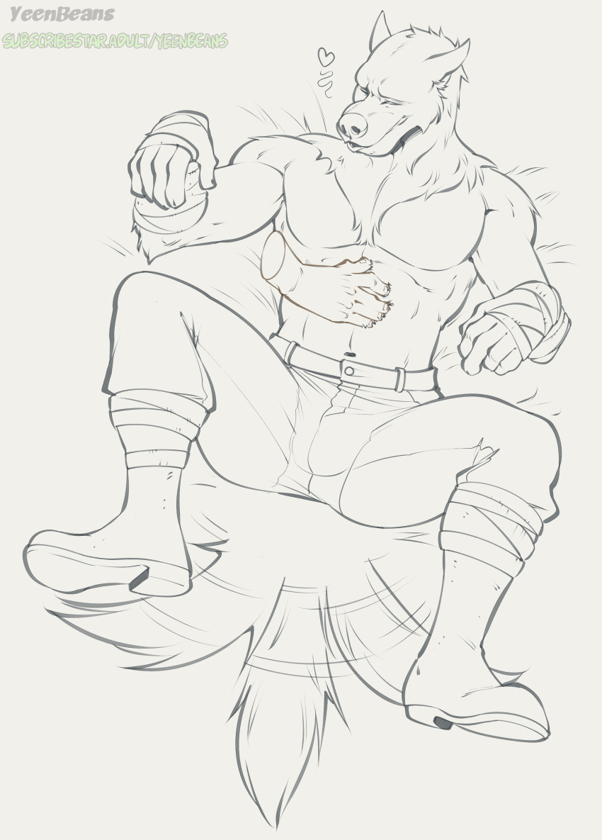 2024 absurd_res anthro arm_wraps armwear bandage bandaged_hand belly_rub belt bottomwear canid canine canis chest_tuft clothed clothing disembodied_hand footwear hand_on_belly heart_symbol hi_res kemono_michi:_rise_up lying male mammal muscular muscular_anthro muscular_male on_back pants petting reference_image_at_source shoes solo syeenyeen tail tail_motion tailwag topless topless_anthro topless_male tuft wolf wolfgang_von_kraftman wraps