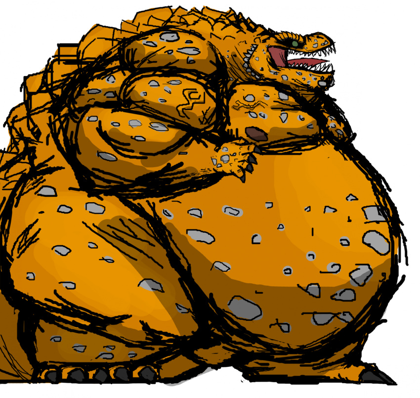 2022 anthro arlo_montgomery_(comerboy75) belly belly_overhang big_belly big_muscles comerboy75 dinosaur extinct growth growth_sequence hi_res kaiju male moobs muscular muscular_anthro muscular_male obese obese_anthro obese_male open_mouth orange_body overweight overweight_anthro overweight_male prehistoric_species reptile roaring scalie simple_background solo spots theropod tyrannosaurid tyrannosauroid tyrannosaurus tyrannosaurus_rex