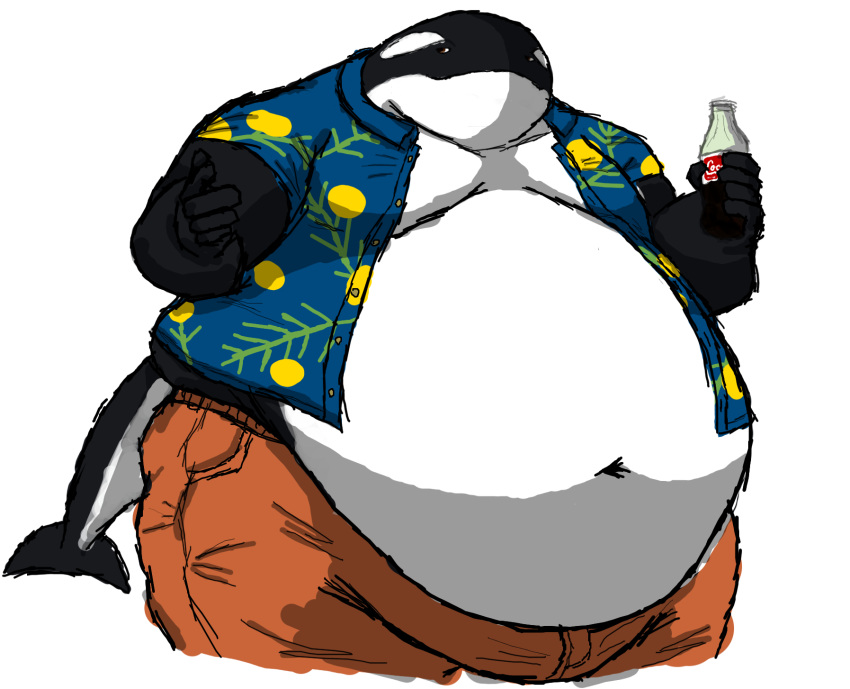 2020 aloha_shirt anthro belly belly_overhang beverage big_belly black_body bottle cetacean clothed clothing coca-cola comerboy75 container dolphin gesture hi_res holding_bottle holding_container holding_object looking_at_viewer male mammal marine moobs navel obese obese_anthro obese_male oceanic_dolphin open_clothing open_shirt open_topwear orca oswald_(comerboy75) overweight overweight_anthro overweight_male pattern_clothing pattern_shirt pattern_topwear shirt simple_background soda_bottle solo tail toothed_whale topwear