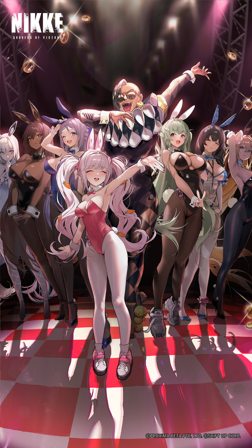 1boy 6+girls alice_(nikke) alice_(wonderland_bunny)_(nikke) animal_ears bare_shoulders black_bow black_bowtie black_hair black_leotard blanc_(nikke) blue_bow blue_bowtie bow bowtie braid breasts brown_hair closed_eyes commentary_request dark-skinned_female dark_skin detached_collar fake_animal_ears fishnet_pantyhose fishnets folkwang_(moist_rabbit)_(nikke) folkwang_(nikke) goddess_of_victory:_nikke hair_ornament highres lanyard large_breasts leotard long_hair mary_(medical_rabbit)_(nikke) mary_(nikke) medium_breasts multiple_girls mustang_(nikke) noir_(nikke) official_art official_wallpaper open_mouth pantyhose pink_bow pink_bowtie pink_leotard playboy_bunny rabbit_ears rupee_(nikke) rupee_(rabbit_deluxe)_(nikke) small_breasts smile soda_(nikke) soda_(twinkling_bunny)_(nikke) strapless strapless_leotard very_long_hair white_hair white_leotard white_pantyhose wrist_cuffs yellow_eyes