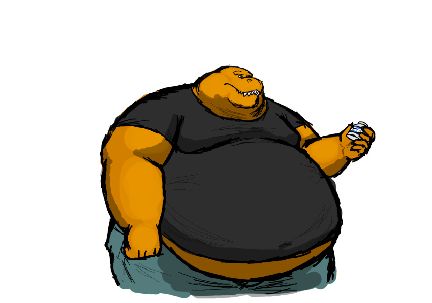 2022 anthro arlo_montgomery_(comerboy75) belly belly_overhang big_belly clothed clothing comerboy75 dinosaur drugs extinct growth growth_sequence hi_res looking_at_object male obese obese_anthro obese_male orange_body overweight overweight_anthro overweight_male pill_bottle prehistoric_species reptile scalie simple_background solo theropod tyrannosaurid tyrannosauroid tyrannosaurus tyrannosaurus_rex