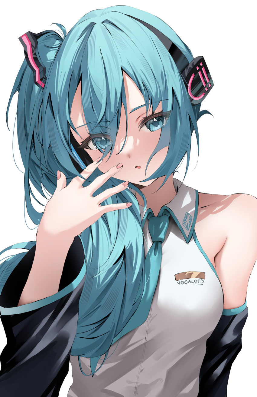 absurdres alternate_hairstyle aqua_eyes aqua_hair aqua_necktie black_sleeves breasts collared_shirt commentary derivative_work detached_sleeves eyes_visible_through_hair female hair_ornament hair_over_one_eye hair_over_shoulder hand_up hashtag-only_commentary hatsune_miku hatsune_miku_(noodle_stopper) highres kaede_nekoshima long_hair long_sleeves looking_at_viewer meme necktie parted_lips photo-referenced shirt side_ponytail sidetail_miku_noodle_stopper_(meme) simple_background sleeveless sleeveless_shirt solo upper_body vocaloid white_background white_shirt wide_sleeves