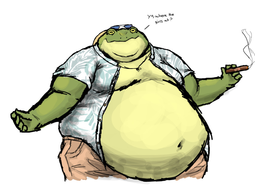 2023 amphibian anthro belly belly_overhang big_belly cigar clothed clothing comerboy75 eyewear eyewear_on_head frog green_body hat headgear headwear holding_cigar holding_object male obese obese_anthro obese_male open_clothing open_shirt open_topwear overweight overweight_anthro overweight_male shirt simple_background solo sun_hat sunglasses sunglasses_on_head text topwear