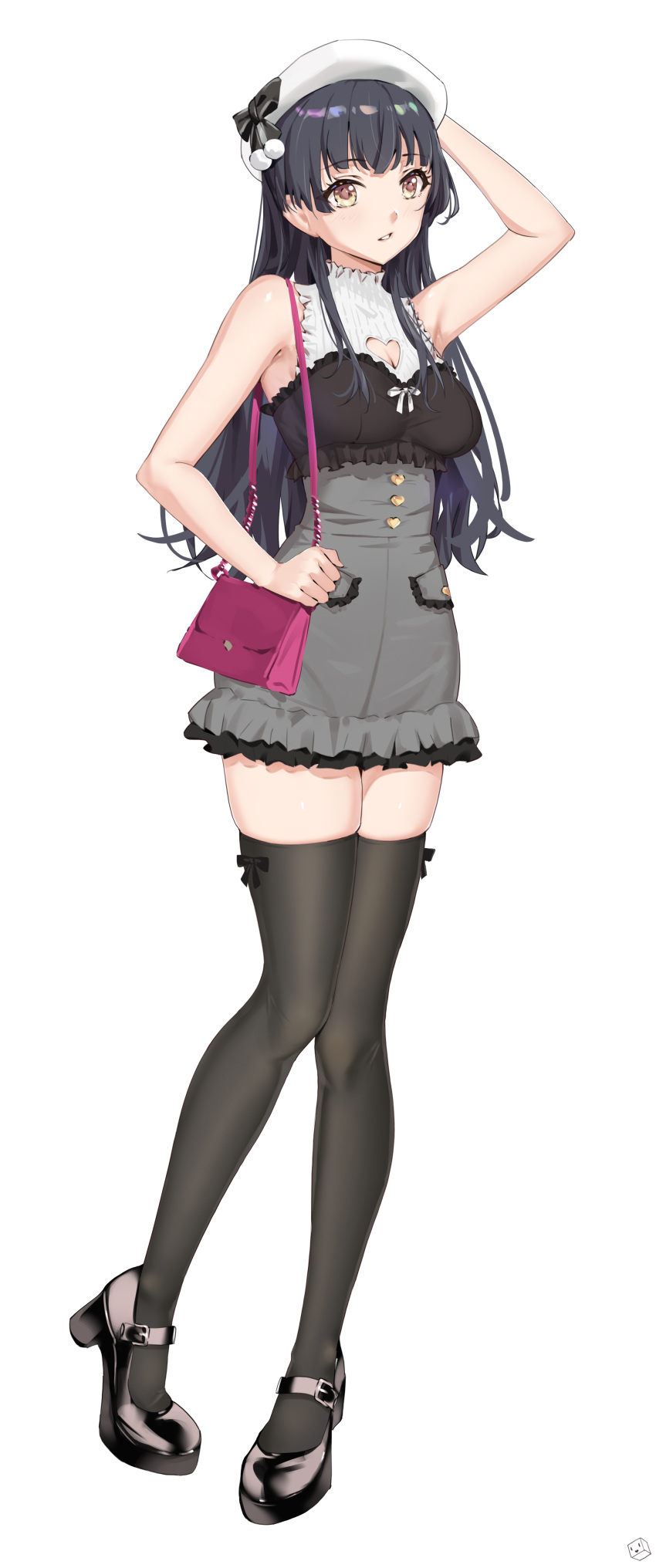 absurdres arm_up armpits bag beret black_hair black_thighhighs blush breasts cleavage_cutout clothing_cutout female full_body grey_skirt hat heart_cutout high-waist_skirt highres holding holding_bag idolmaster idolmaster_shiny_colors jacket kuuhaku_(pskf2372) long_hair looking_ahead mayuzumi_fuyuko medium_breasts shirt simple_background skirt sleeveless sleeveless_shirt solo straight_hair thighhighs two-tone_shirt very_long_hair white_background white_hat zettai_ryouiki