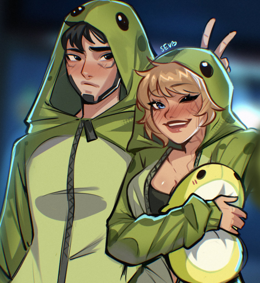 1boy apex_legends black_camisole black_hair blonde_hair blue_eyes blush breasts bunny_ears_prank camisole cleavage cosplay crypto_(apex_legends) english_commentary female green_hoodie highres holding holding_stuffed_toy hood hood_up hoodie medium_breasts nessie_(respawn) nessie_(respawn)_(cosplay) one_eye_closed onesie open_mouth scar scar_on_cheek scar_on_face sevpha short_hair sleeves_past_wrists smile stuffed_toy wattson_(apex_legends)