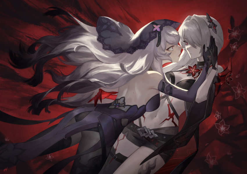 2girls acheron_(honkai:_star_rail) backless_dress backless_outfit belt black_belt black_choker black_gloves black_panties black_shorts black_swan_(honkai:_star_rail) black_thighhighs choker closed_mouth couple disembodied_hand dress elbow_gloves eye_contact from_behind gloves hair_ornament hair_over_one_eye highres holding_hands honkai:_star_rail honkai_(series) kgynh long_hair looking_at_another multiple_girls navel panties pantyhose purple_dress purple_eyes red_background red_eyes short_shorts shorts single_thighhigh thighhighs too_many_hands underwear white_hair yuri