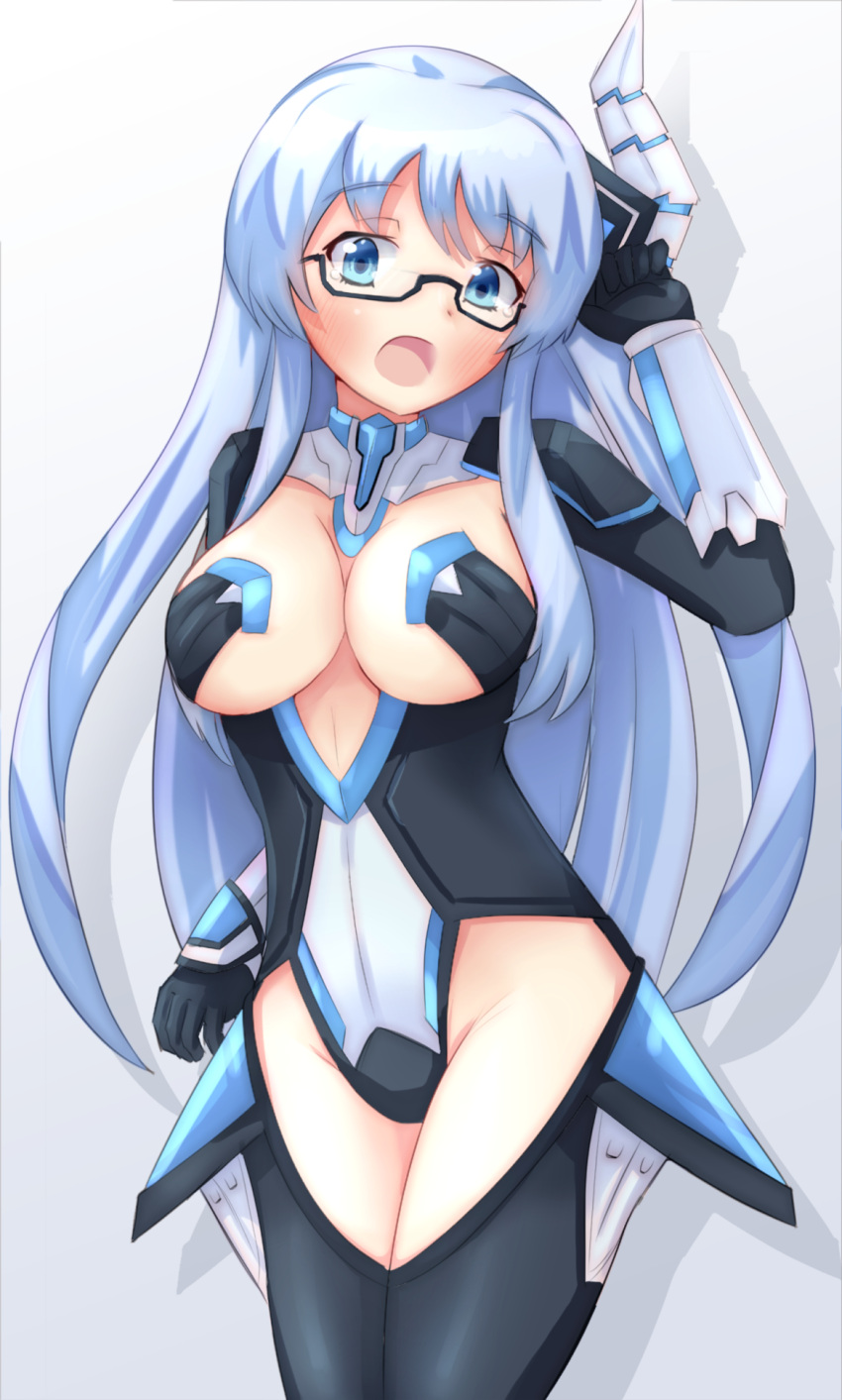 blue_eyes blue_hair blush breasts cleavage commentary_request cosplay daenu embarrassed female glasses highleg highleg_leotard highres horns kiseijou_rei kiseijou_rei_(goddess_form) large_breasts leotard long_hair long_sleeves looking_at_viewer multicolored_leotard neptune_(series) open_mouth semi-rimless_eyewear single_horn solo under-rim_eyewear very_long_hair