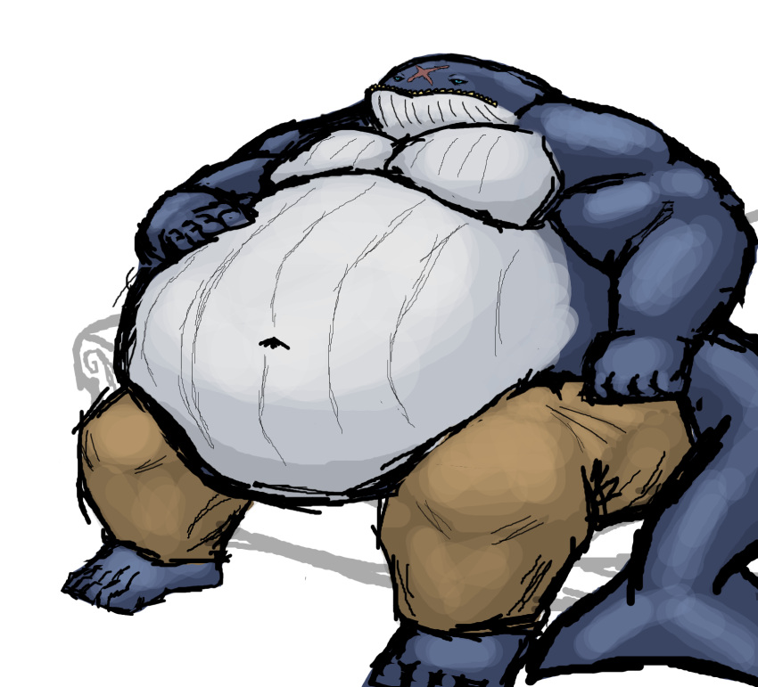 2022 anthro belly big_belly blue_body cetacean clothed clothing comerboy75 eoghan_ocinneide_(comerboy75) hi_res male mammal marine moobs muscular muscular_anthro muscular_arms muscular_male obese obese_anthro obese_male overweight overweight_anthro overweight_male simple_background sitting solo topless whale