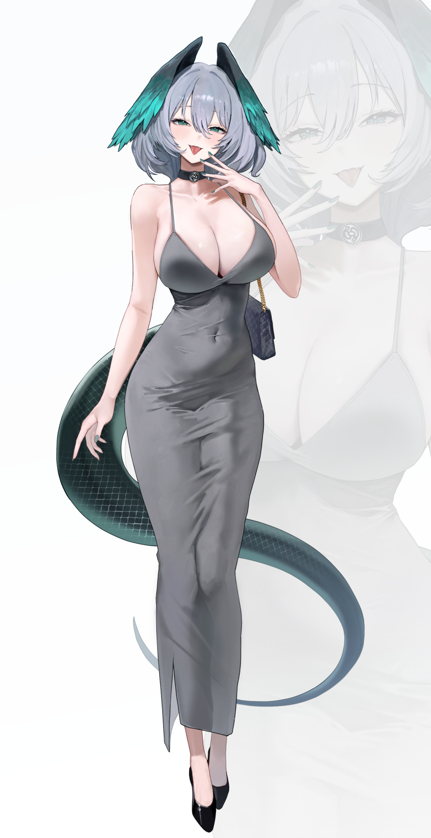 absurdres alternate_costume aqua_eyes aqua_hair arknights blush breasts cleavage commentary_request dongtan_dress dress female full_body grey_dress hair_between_eyes highres ho'olheyak_(arknights) large_breasts looking_at_viewer meme_attire num_s1x open_mouth short_hair simple_background sleeveless sleeveless_dress smile standing tongue tongue_out white_background zoom_layer