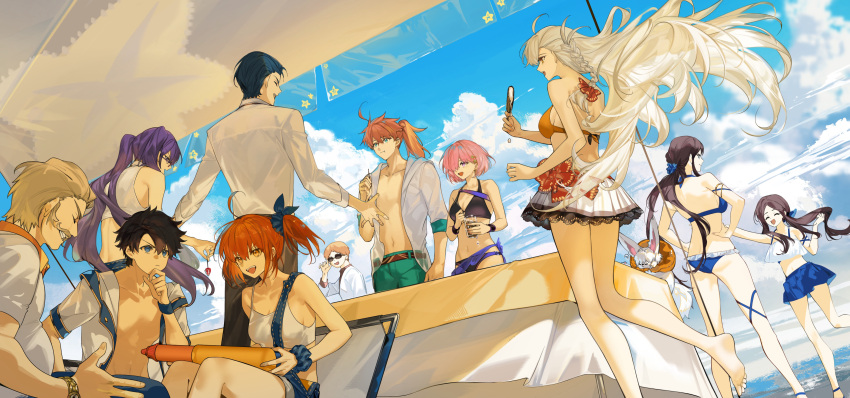 4boys 6+girls :d :t ^_^ absurdres ahoge alternate_costume arlizi arm_up barefoot beach beach_chair beach_umbrella belt bikini bikini_skirt black_bikini black_hair blonde_hair blue_bikini blue_eyes blue_hair blue_overalls blue_scrunchie blue_sky braid brown_belt brown_hair brown_pants closed_eyes closed_mouth cloud cloudy_sky cup day drink dripping facial_hair fate/grand_order fate_(series) food fou_(fate) frilled_bikini frilled_bikini_bottom frills fruit fujimaru_ritsuka_(female) fujimaru_ritsuka_(male) glasses goredolf_musik green_eyes green_pants grin hair_ornament hair_over_one_eye hair_scrunchie hairclip hand_on_own_chin hand_up highres holding holding_cup holding_food holding_popsicle holding_skewer holding_water_gun jeancle_abel_meuniere leonardo_da_vinci_(fate) leonardo_da_vinci_(rider)_(fate) lifebuoy long_hair looking_at_another mash_kyrielight moustache multiple_boys multiple_girls ocean olga_marie_animusphere open_clothes open_mouth open_shirt orange_bikini orange_eyes orange_hair outdoors outstretched_arms overall_shorts overalls pants parted_bangs pink_hair ponytail popsicle purple_eyes purple_hair romani_archaman sarong scrunchie sherlock_holmes_(fate) shirt short_hair short_sleeves side_braid side_ponytail sion_eltnam_sokaris sitting skewer skirt sky sleeveless sleeveless_shirt smile standing strawberry summer sunglasses suspenders suspenders_slip swim_ring swimsuit table tablecloth tank_top twintails umbrella v-shaped_eyebrows very_long_hair watch water water_gun white_hair white_shirt white_skirt white_tank_top wrist_scrunchie wristwatch