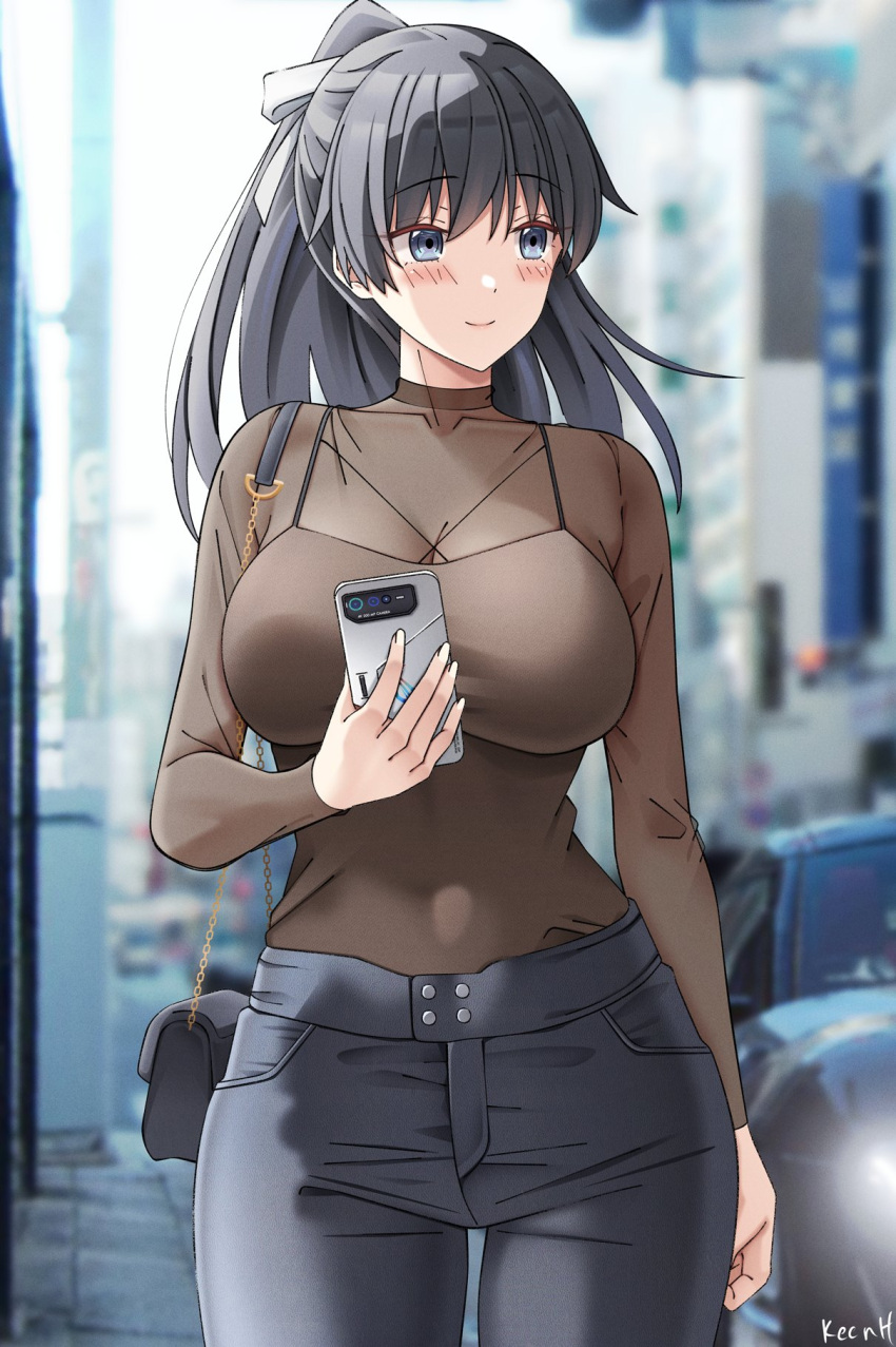 abe_mikiko_(rc_f) artist_name black_car black_hair black_pants blue_eyes blush borrowed_character breasts car carrying_over_shoulder casual cellphone collarbone covered_navel female hair_ribbon highres keenh large_breasts leather leather_pants long_hair looking_to_the_side motor_vehicle original pants phone ponytail ribbon see-through see-through_sleeves sleeves_past_elbows smartphone smile solo toyota_supra toyota_supra_mk_v white_ribbon