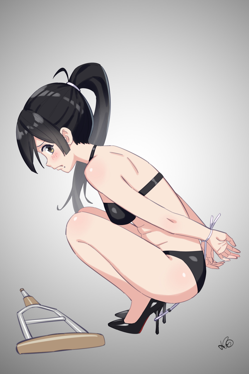 absurdres bare_arms bare_legs bare_shoulders bikini black_footwear black_hair blush bound breasts chinese_commentary closed_mouth crutch female full_body hair_tie high_heels highres mole mole_under_mouth original ponytail signature simple_background solo squatting swimsuit thighs tied_up_(nonsexual) xiaoxi0619 yellow_eyes