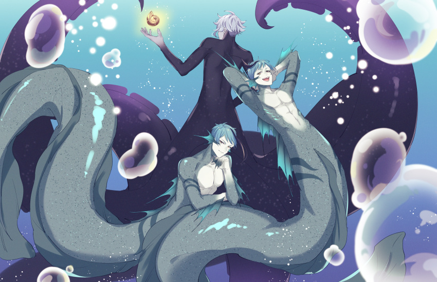 3boys absurdres air_bubble arms_behind_head azul_ashengrotto blue_hair blue_skin brothers bubble colored_skin commentary_request eel_boy fins floyd_leech grey_hair head_fins highres jade_leech looking_at_viewer male_focus michihito monster_boy multiple_boys octopus_boy seashell sharp_teeth shell short_hair siblings teeth twins twisted_wonderland underwater