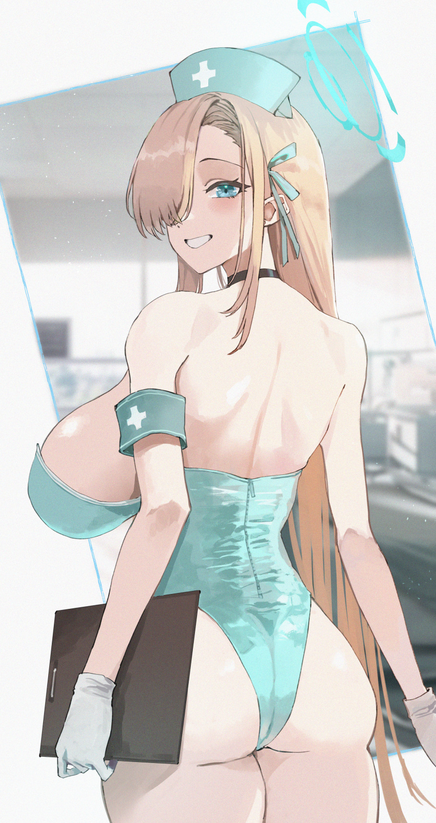 absurdres alternate_costume aqua_hat aqua_leotard aqua_ribbon ass asuna_(blue_archive) bare_shoulders blue_archive blue_eyes blue_halo blush bondtanuki breasts brown_hair commentary_request cowboy_shot female from_behind gloves hair_over_one_eye hair_ribbon halo hat highleg highleg_leotard highres holding_board large_breasts leotard long_hair looking_at_viewer looking_back nurse_cap ribbon sideboob smile solo strapless strapless_leotard very_long_hair white_gloves