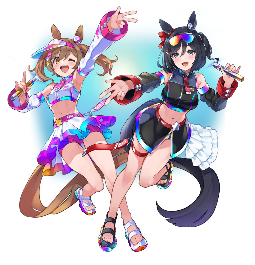 2girls :d ;d absurdres alternate_costume alternate_hairstyle animal_ears armpits bad_id bad_twitter_id black_hair breasts brown_eyes brown_hair commentary_request crop_top detached_sleeves ear_ornament eishin_flash_(umamusume) english_text eyewear_on_head full_body glint grey_eyes hair_between_eyes hair_ornament hairclip highres horse_ears horse_girl horse_tail looking_at_viewer medium_breasts medium_hair microphone midriff multiple_girls navel one_eye_closed one_side_up open_mouth outstretched_arm panties rainbow_skirt sandals shirt short_hair skirt sleeveless sleeveless_shirt smart_falcon_(umamusume) smile standing standing_on_one_leg sunglasses tail teeth thigh_strap toes twintails umamusume underwear upper_teeth_only v white_panties yokoji_(kodai2015)