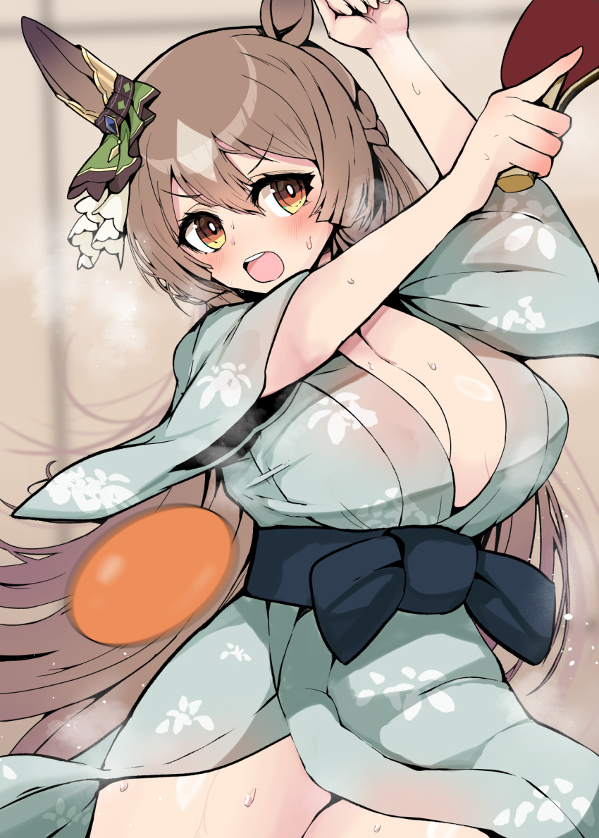 akizuki_shigure animal_ears ball breasts brown_hair cleavage commentary_request female green_kimono highres holding_table_tennis_paddle horse_ears horse_girl horse_tail japanese_clothes kimono large_breasts long_hair looking_at_viewer open_mouth paddle satono_diamond_(umamusume) solo sweat table_tennis_ball table_tennis_paddle tail umamusume