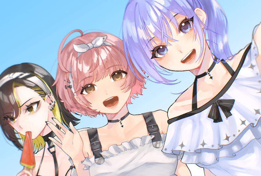 3girls absurdres ahoge asymmetrical_bangs bishi_a_(b_a1210) black_hair blonde_hair blue_hair blush cometik_(idolmaster) ear_piercing earrings food hand_up highres ice_cream_bar idolmaster idolmaster_shiny_colors ikaruga_luca ikuta_haruki jewelry looking_ahead looking_at_viewer multicolored_hair multiple_girls outdoors piercing pink_hair ponytail popsicle selfie short_hair smile streaked_hair suzuki_hana two-tone_hair upper_body watermelon_bar