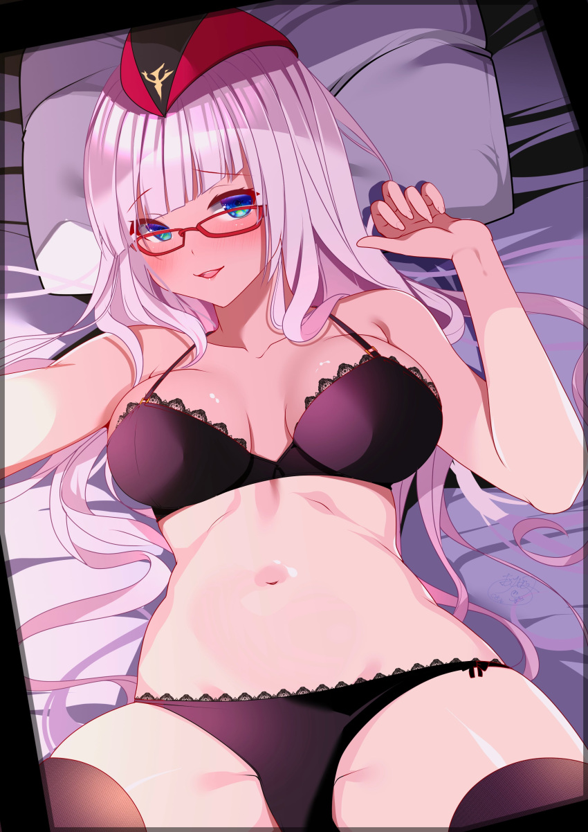 absurdres azur_lane black_bra black_panties black_thighhighs blue_eyes blush bra breasts female gneisenau_(azur_lane) highres lace-trimmed_bra lace-trimmed_panties lace_trim large_breasts lingerie lips long_hair looking_at_viewer lying navel on_bed origami_aya panties parted_lips pillow pink_hair red-framed_eyewear signature solo stomach thighhighs underwear very_long_hair