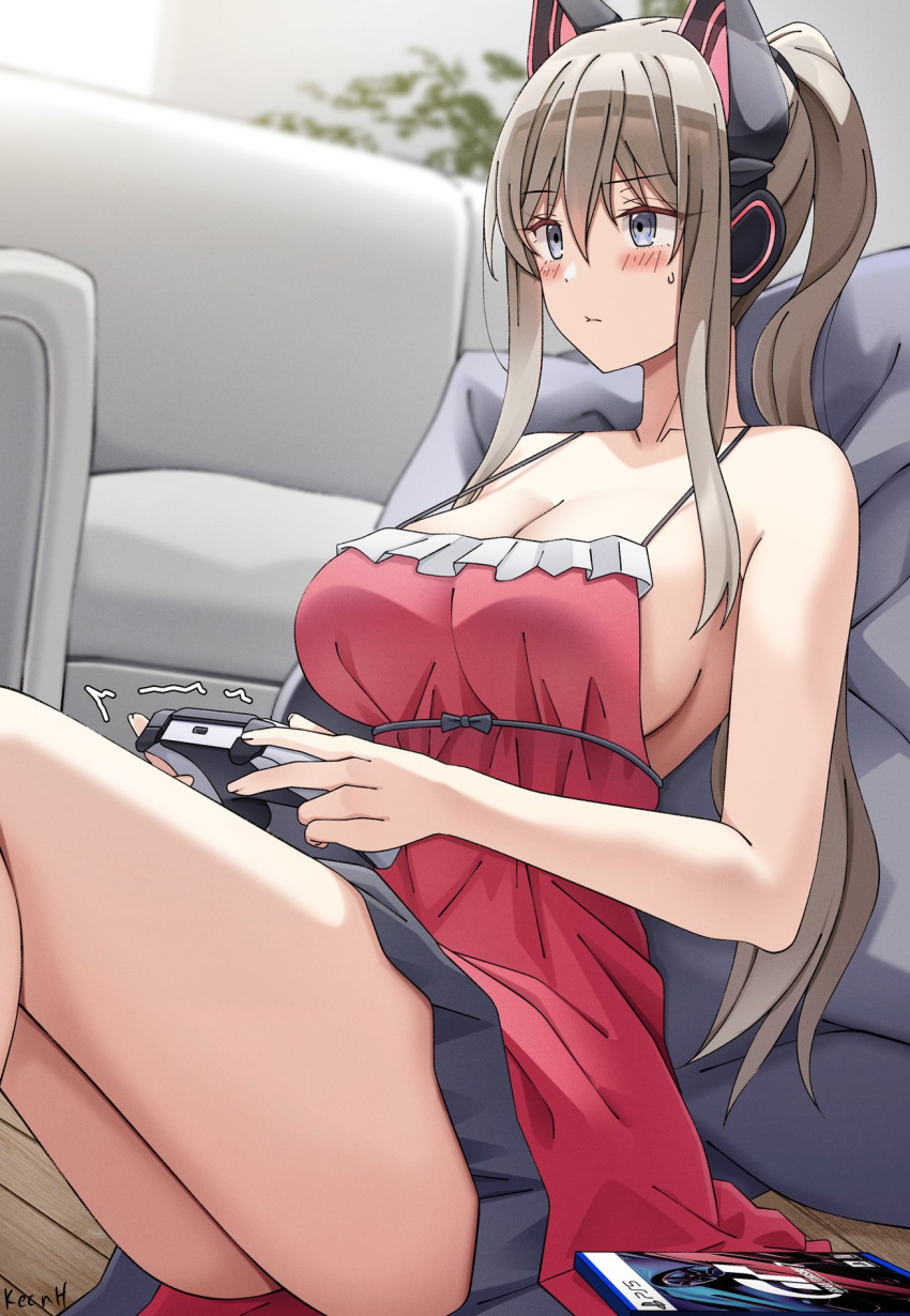 animal_ear_headphones animal_ears artist_name blonde_hair blue_eyes blush borrowed_character bow breasts cat_ear_headphones cleavage controller couch dualshock fake_animal_ears female front_bow game_controller gamepad gran_turismo hair_tie headphones highres keenh large_breasts leaning_on_object long_hair looking_at_screen nightgown original pillow plant playing_games playstation_controller ponytail sideboob solo toyoda_rio_(rc_f)