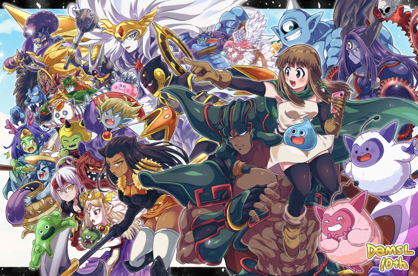 6+boys 6+girls 6+others absurdres animal_ears balzack_(dragon_quest) black_border black_eyes black_thighhighs blonde_hair blue_hair blue_skin boots border braid breasts brown_gloves brown_hair bubble_slime butouma_preciana cape cellphone character_request cleavage club_(weapon) colored_skin commentary_request cyclops dark-skinned_female dark-skinned_male dark_dream_(dq6) dark_skin dragon_quest dragon_quest_monsters_super_light dress everyone floating_clothes gapplin_(dragon_quest) gigantes_(dragon_quest) gloves green_cape green_skin grin highres holding holding_phone killer_machine_(dragon_quest) long_hair megazaru_rock monster multiple_boys multiple_girls multiple_others muscular muscular_male one-eyed open_mouth orange_eyes otyumamii phone pink_hair pink_skin pisaro pointing pointy_ears psario_(dragon_quest) purple_hair purple_skin queen_slime_(dragon_quest) quietus_(dragon_quest) rubiss_(dragon_quest) side_braid slime_(dragon_quest) smile soron_(dragon_quest) strapless strapless_dress thighhighs udora_(dragon_quest) veera_(dragon_quest) warubou_(dragon_quest) watabou_(dragon_quest) weapon white_skin white_thighhighs zettai_ryouiki