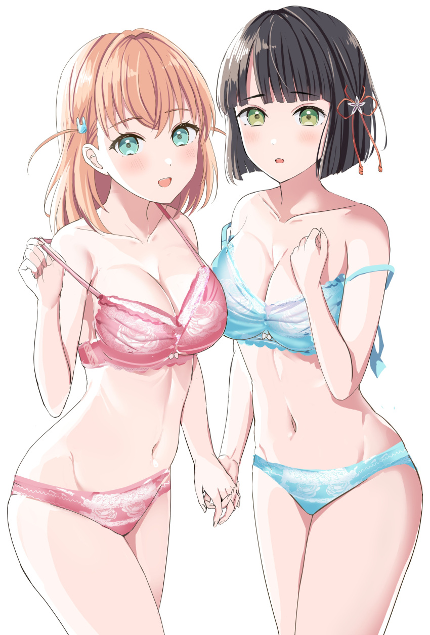 2girls :d absurdres bare_arms bare_shoulders black_hair blue_bra blue_panties blush bow bow_bra bra breasts brown_hair cleavage collarbone green_eyes groin highres hinoshita_kaho holding_hands link!_like!_love_live! looking_at_viewer love_live! medium_breasts momose_ginko morerin multiple_girls navel panties parted_lips pink_bra pink_panties short_hair simple_background smile textless_version translation_request two_side_up underwear underwear_only white_background