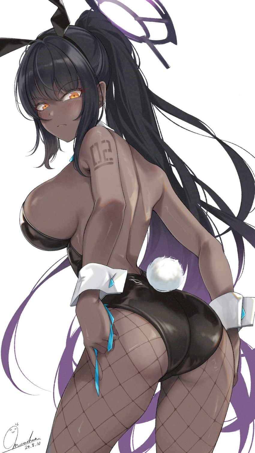 absurdres animal_ears aqua_ribbon arms_behind_back ass bare_back bare_shoulders black_hair black_leotard blue_archive breasts cleaning_&_clearing_(blue_archive) closed_mouth cowboy_shot dark-skinned_female dark_skin dot_nose english_commentary fake_animal_ears female fishnet_pantyhose fishnets from_behind frown halo high_ponytail highleg highleg_leotard highres karin_(blue_archive) karin_(bunny)_(blue_archive) large_breasts leotard long_hair looking_at_viewer looking_back maremay0513 number_tattoo official_alternate_costume pantyhose playboy_bunny rabbit_tail ribbon serious sideboob simple_background solo strapless strapless_leotard tail tattoo thighs v-shaped_eyebrows white_background wrist_cuffs yellow_eyes