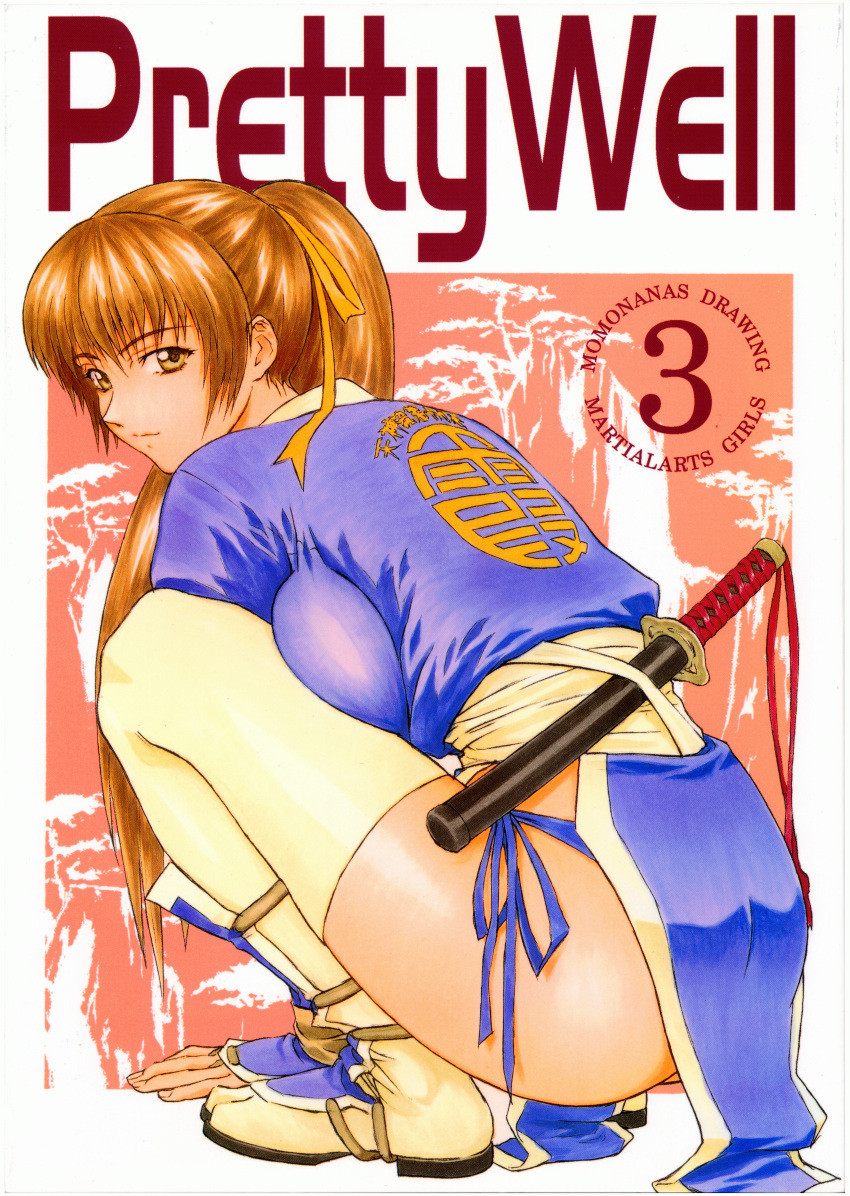 absurdres breasts brown_eyes brown_hair closed_mouth cover dead_or_alive dead_or_alive_2 female fingernails full_body highres japanese_clothes kasumi_(doa) kodachi light_smile long_hair looking_at_viewer looking_back medium_breasts momoi_nanabei ninja pelvic_curtain ponytail scan sheath sheathed short_sword simple_background squatting sword thighhighs thighs weapon