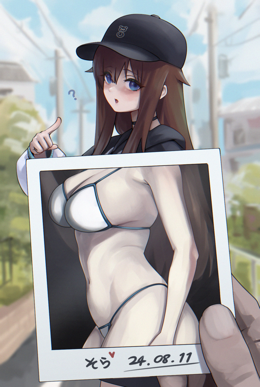 ? baseball_cap bikini black_choker black_hat black_hoodie black_shorts blue_eyes blurry blurry_background blush breasts brown_hair choker commentary_request dalcom dated day female hair_flaps hat highres holding holding_photo hololive hood hoodie large_breasts long_hair long_sleeves looking_at_viewer navel official_alternate_costume open_mouth outdoors parted_bangs photo_(object) pointing pointing_at_viewer polaroid_photo pov pov_hands road short_shorts shorts sideboob sidelocks solo_focus stomach street string_bikini swimsuit tokino_sora tokino_sora_(streetwear) tree utility_pole virtual_youtuber white_bikini