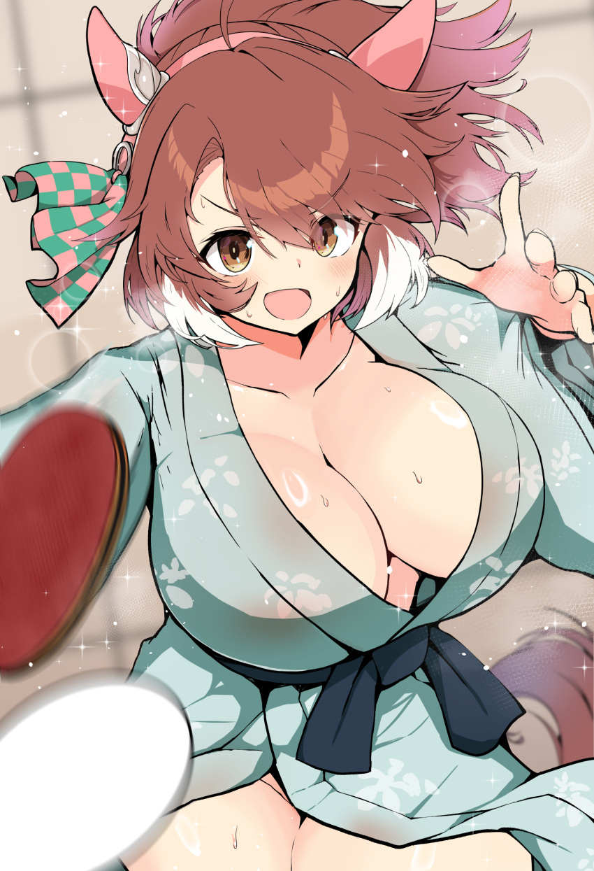 :d akizuki_shigure animal_ears ball breasts brown_eyes brown_hair checkered_ribbon cleavage commentary_request dantsu_flame_(umamusume) ear_covers ear_ribbon female green_kimono highres holding_table_tennis_paddle horse_ears horse_girl horse_tail huge_breasts japanese_clothes kimono looking_at_viewer open_mouth paddle smile solo sweat table_tennis_ball table_tennis_paddle tail umamusume