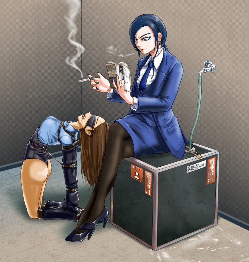 2girls ass black_pantyhose blazer blindfold blowing_smoke blue_hair blue_jacket blue_shirt blue_skirt bondage bondage book bound bound_arms bound_leg brown_hair cigarette commentary femdom gag gagged high_heels highres holding holding_book holding_cigarette jacket kokumotsu_no_ame_ga_furu_doshaburi_no_ame_ga long_hair low_ponytail monoglove multiple_girls office_lady original pantyhose pencil_skirt reading restrained ring_gag shirt sitting skirt smoke smoking spider_gag torture white_shirt