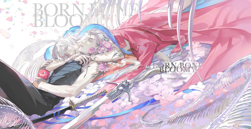 2boys animal_skeleton apple arms_around_neck bare_arms bare_shoulders black_pants black_shirt blue_pants blue_ribbon character_name chinese_commentary coat coat_on_shoulders collared_coat commentary_request cowboy_shot dante_(devil_may_cry) devil_may_cry_(series) dragon e_(h798602056) english_text field flower flower_field food fruit hand_on_own_stomach high_collar highres holding holding_flower hug katana knees_up lying male_focus multiple_boys on_stomach pale_skin pants parted_lips petals pink_coat pink_flower pink_rose ribbon rose shirt short_hair skull sleeveless sleeveless_shirt sword vergil_(devil_may_cry) weapon white_background white_eyes white_hair white_shirt