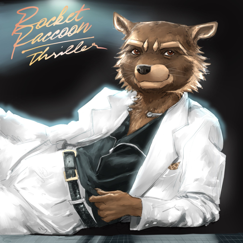 1:1 album_cover album_redraw anthro belt belt_buckle black_background black_belt black_clothing black_nose black_shirt black_topwear brown_body brown_eyes brown_fur buckle claws clothing cover cybernetics fur guardians_of_the_galaxy gwen_the_psychic hi_res lying machine male mammal marvel michael_jackson_(character) multicolored_body multicolored_fur on_side procyonid raccoon rocket_raccoon rogertaylorswift shirt simple_background solo suit suit_jacket suit_pants thriller_(album) topwear two_tone_body two_tone_fur white_clothing white_suit