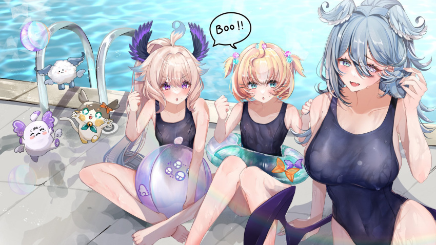 3girls 6_may_6 :o ahoge aloupeep_(enna_alouette) aqua_eyes ball barefoot beachball beads blush breast_envy breasts clenched_hand clenched_hands collarbone competition_swimsuit covered_navel dragon_wings english_text famillie_(millie_parfait) fangs flat_chest hair_beads hair_between_eyes hair_ornament head_wings heterochromia highres indian_style innertube large_breasts long_hair low_wings medium_hair mole mole_on_armpit multicolored_hair multiple_girls nijisanji nijisanji_en one-piece_swimsuit ponytail pool pool_ladder purple_eyes school_swimsuit short_twintails sideboob sitting skin_fangs small_breasts speech_bubble swim_ring swimsuit twintails two-tone_hair very_long_hair virtual_youtuber weewa_(elira_pendora) wet wings