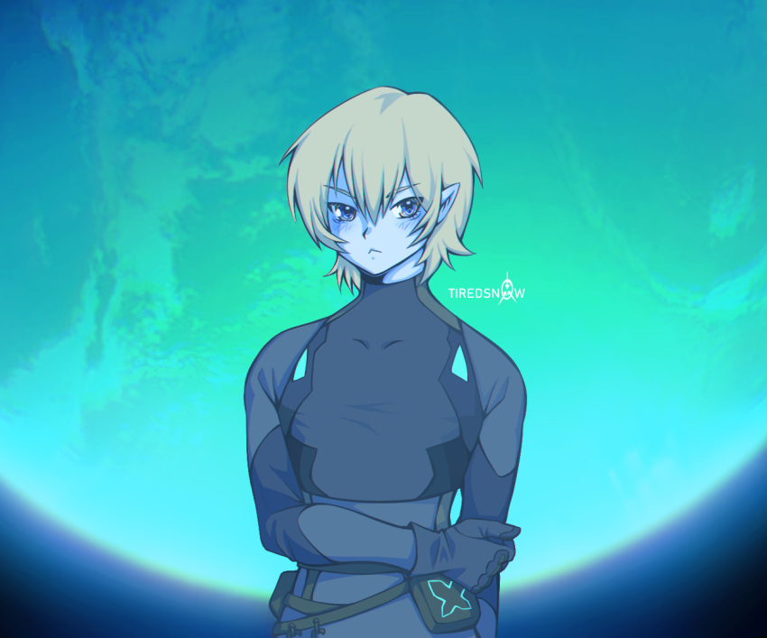 2023 5_fingers :< alien alien_humanoid artist_name biped blonde_eyebrows blonde_hair blue_blush blue_body blue_bodysuit blue_clothing blue_ears blue_eyes blue_gloves blue_glow blue_handwear blue_pupils blue_skin blue_skinsuit blush blush_lines bodysuit clothed clothed_humanoid clothed_male clothing collarbone colored cosmic_background digital_drawing_(artwork) digital_media_(artwork) eyebrow_through_hair eyebrows eyelashes femboy fingers front_view glistening glistening_eyes gloves hair half-length_portrait handwear holding_arm humanoid humanoid_pointy_ears keplerian male male_humanoid mouth_closed planet portrait pouch_(clothing) pupils scp-6118 scp_foundation shaded signature skinsuit solo space space_background straps style_emulation symbol text tight_clothing tiredsn0w translucent translucent_hair white_text