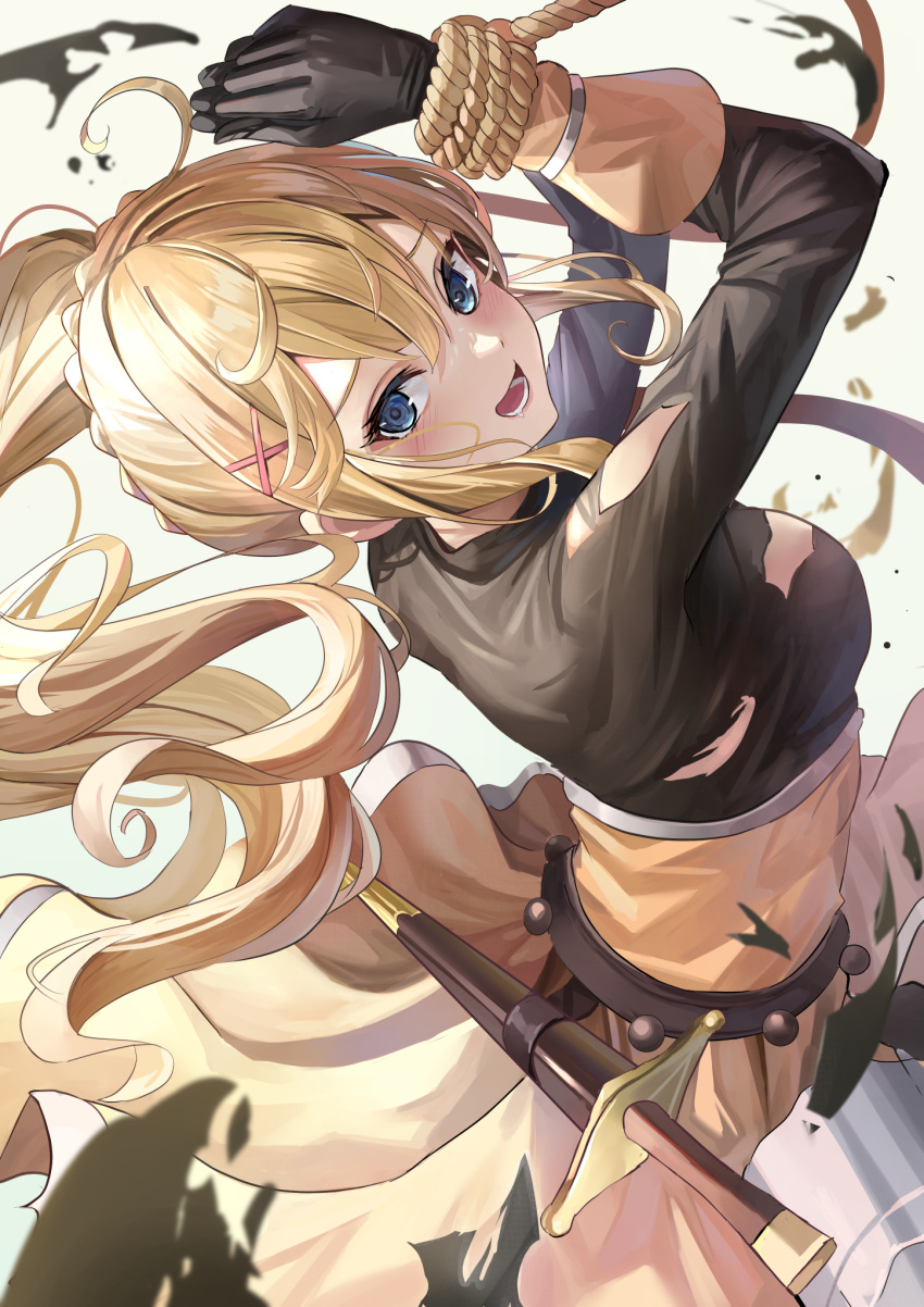 arched_back black_bodysuit blonde_hair blue_eyes blush bodysuit bound bound_wrists breasts darkness_(konosuba) female hair_ornament highres kono_subarashii_sekai_ni_shukufuku_wo! large_breasts long_hair looking_at_viewer open_mouth ponytail rope skirt solo suidou_chaahan sword torn_bodysuit torn_clothes weapon x_hair_ornament yellow_skirt