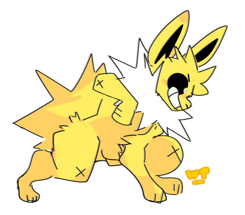 2022 4_toes absurd_res ambiguous_gender artist_logo black_sclera chromatic_aberration crotch_tuft crouching digital_media_(artwork) digitigrade eeveelution eyebrows feet feral full-length_portrait fur generation_1_pokemon grin hi_res jolteon logo multicolored_body multicolored_fur nintendo open_mouth open_smile pokemon pokemon_(species) portrait pupils ruff semi-anthro simple_background smile snout solo teeth three-quarter_view toes tuft two_tone_body two_tone_fur white_background white_body white_eyes white_fur wonkytoons yellow_body yellow_fur