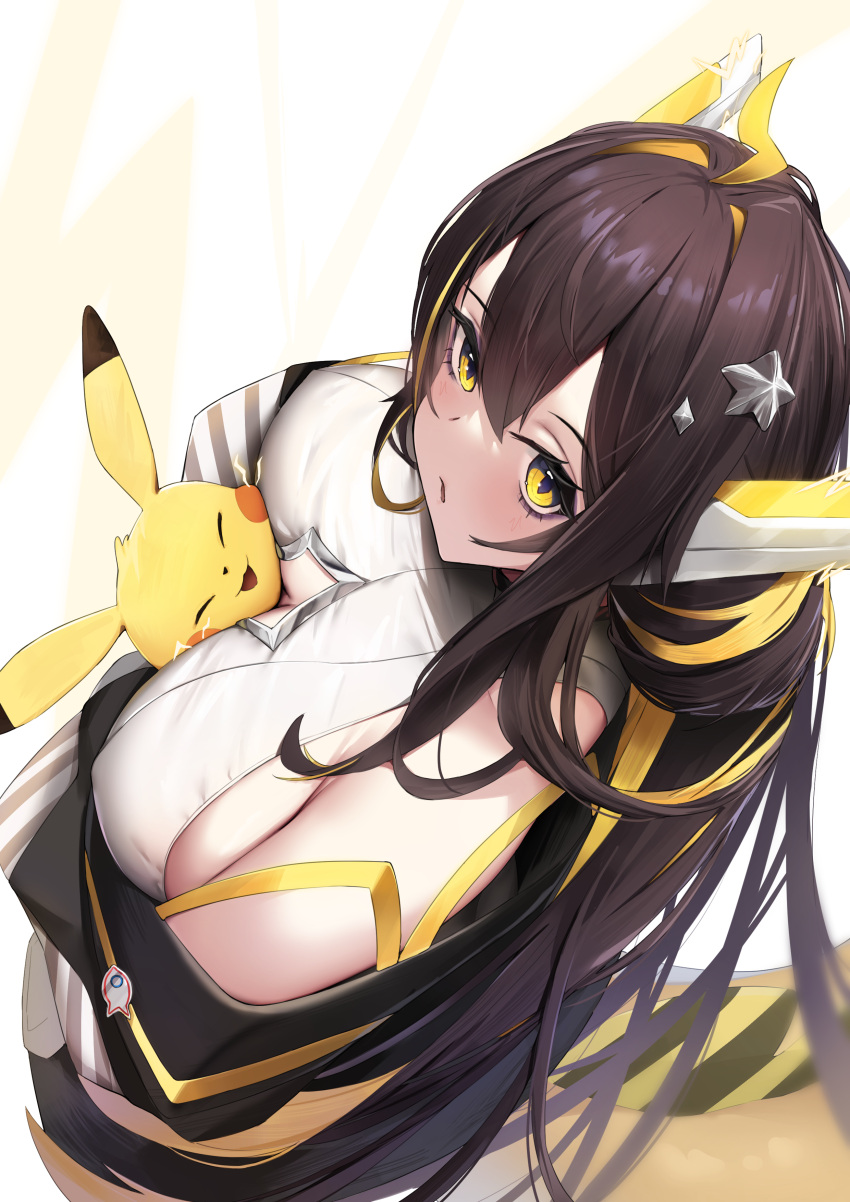 :o absurdres bare_shoulders black_hair blonde_hair blush breasts eel_girl electricity female from_above headgear highres hug idol_corp juna_unagi large_breasts long_hair looking_at_viewer looking_up multicolored_hair parted_lips pikachu pokemon pokemon_(creature) skai_kun smile streaked_hair trait_connection virtual_youtuber yellow_eyes