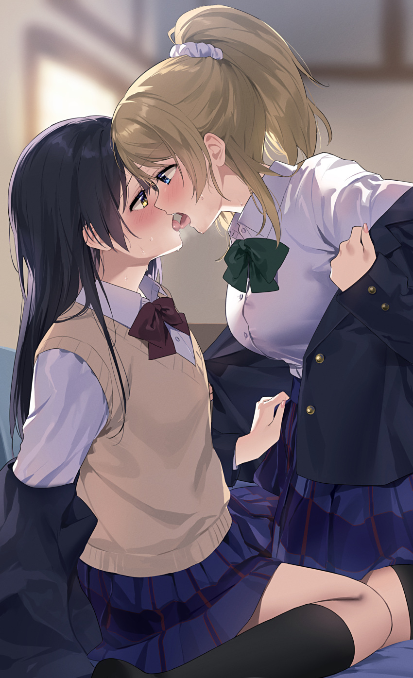 2girls ayase_eli black_hair black_jacket blonde_hair blue_eyes blue_skirt blurry blurry_background blush bow collared_shirt commentary_request eye_contact french_kiss green_bow highres jacket jacket_partially_removed kissing long_hair looking_at_another love_live! love_live!_school_idol_project multiple_girls nanatsu_no_umi otonokizaka_school_uniform pleated_skirt ponytail school_uniform scrunchie shirt sitting skirt sonoda_umi sweat sweater_vest very_long_hair wariza white_scrunchie white_shirt yellow_eyes yuri