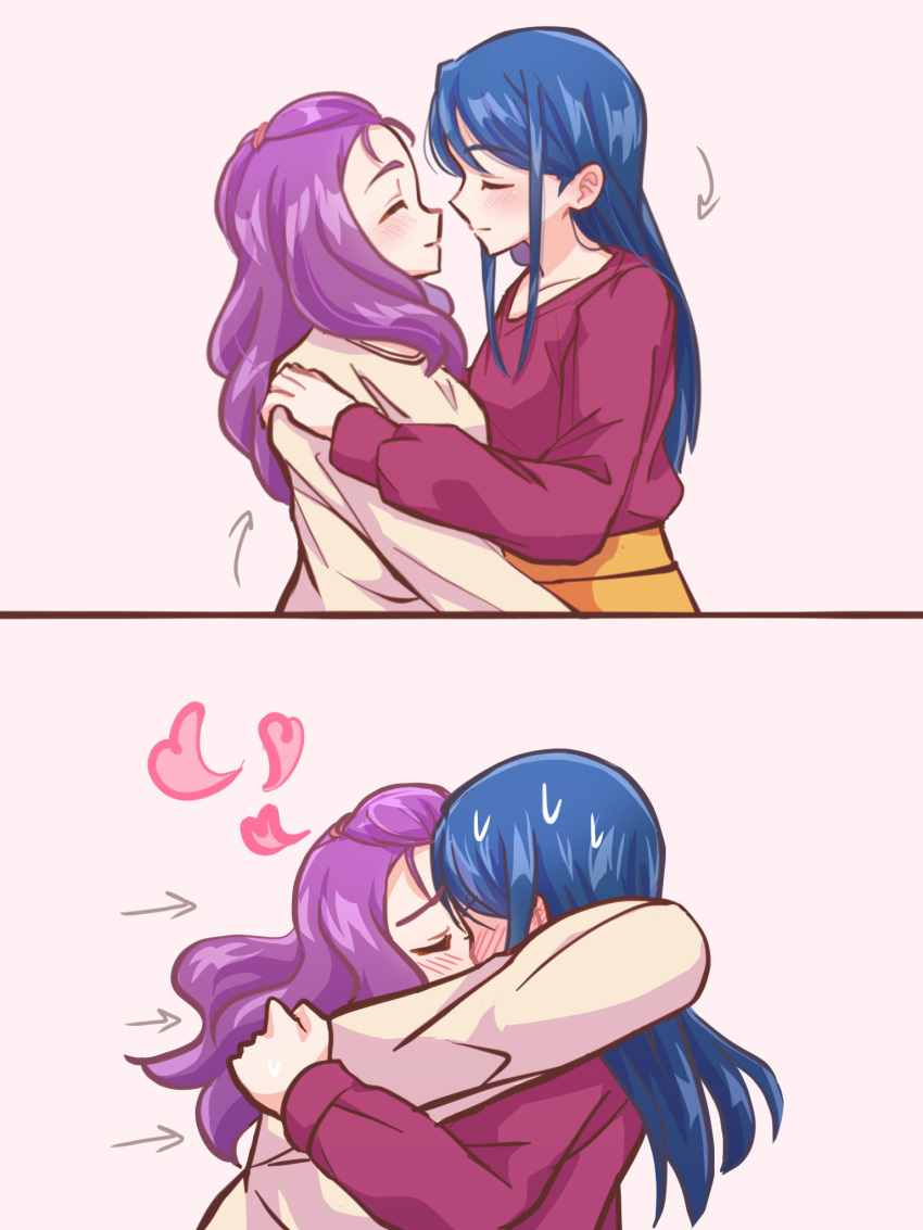 2girls amagan_ruruboshi blue_hair blush closed_eyes couple hair_ornament highres hug imminent_kiss kibou_no_chikara_~otona_precure_'23~ kissing long_hair multiple_girls precure purple_hair red_sweater sidelocks simple_background sweater swept_bangs upper_body yes!_precure_5 yes!_precure_5_gogo! yuri