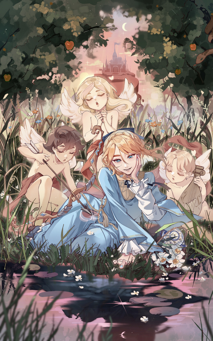 1boy 3others absurdres aged_down angel angel_wings apple arrow_(projectile) axis_powers_hetalia blonde_hair blue_dress blue_nails bow_(weapon) braid brown_hair castle cherub crescent_moon crossdressing crown_braid drawing_bow dress flower food france_(hetalia) fruit grass highres holding holding_arrow holding_bow_(weapon) holding_weapon icy_suluoluo instrument lily_pad lolicon long_hair long_sleeves male_focus medium_hair mole mole_under_eye moon multiple_others music on_grass open_mouth outdoors pink_sky playing_instrument purple_eyes reflection reflective_water revealing_clothes short_hair sitting sky smile tree water wavy_hair weapon wings