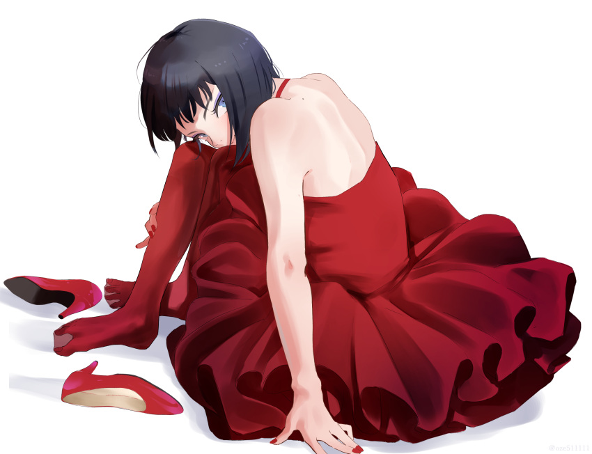 back bare_arms bare_shoulders black_hair blue_eyes choker closed_mouth dress eyeshadow frilled_dress frills hand_on_ground hand_on_own_leg high_heels highres looking_at_viewer makeup mole mole_on_back nail_polish oze_(xyz_go_go11) pantyhose purple_eyeshadow red_choker red_dress red_footwear red_nails red_pantyhose shoes short_hair simple_background sitting smile strapless strapless_dress unworn_shoes white_background