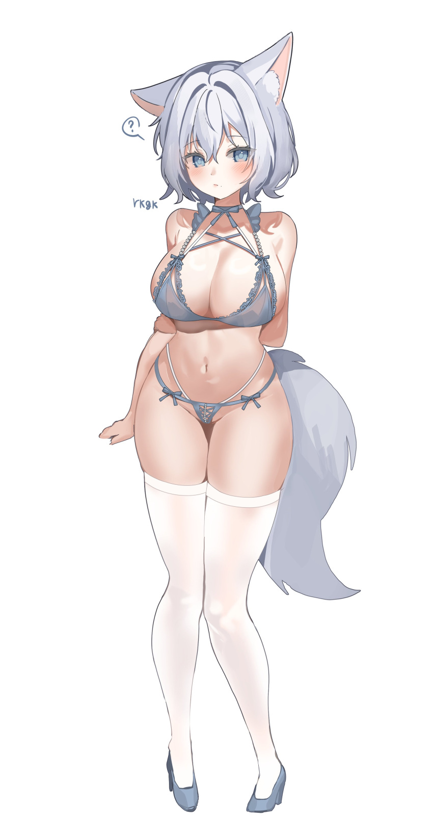 ? absurdres animal_ears arm_behind_back bare_arms bare_shoulders beads blue_eyes bra breasts cleavage closed_mouth crotch_cutout expressionless female fox_ears fox_girl fox_tail frilled_bra frills full_body grey_bra grey_choker grey_footwear grey_panties halterneck high_heels highleg highleg_panties highres lace-trimmed_bra lace_trim large_breasts lingerie looking_at_viewer mole mole_under_eye mole_under_mouth multi-strapped_panties navel original panties sayan short_hair side-tie_panties simple_background skindentation solo spoken_question_mark standing stomach string_bra string_panties tail thigh_gap thighhighs thighs underwear underwear_only white_background white_hair white_thighhighs