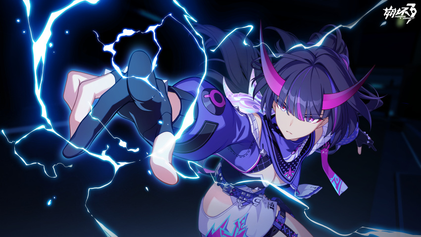 black_gloves breasts chinese_commentary cleavage commentary_request cowboy_shot electricity female gloves highres honkai_(series) honkai_impact_3rd horns index_finger_raised large_breasts logo looking_ahead multicolored_hair official_alternate_costume official_art outstretched_arm parted_lips partially_fingerless_gloves purple_eyes purple_hair purple_horns purple_shrug raiden_mei raiden_mei_(haunted_dusk) raiden_mei_(herrscher_of_thunder) red_pupils skirt solo streaked_hair white_skirt