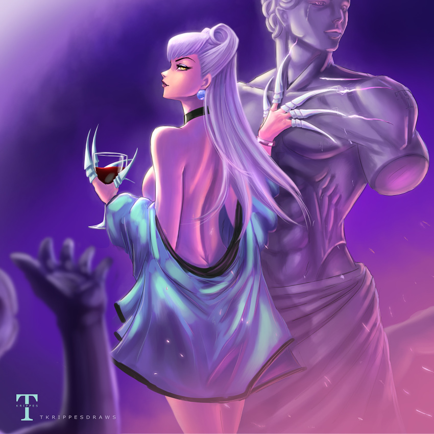 absurdres bare_back breasts claw_mark completely_nude demon_girl evelynn_(league_of_legends) female from_side highres k-pop large_breasts league_of_legends long_hair looking_at_viewer nude solo statue tkrippesdraws white_hair yellow_eyes